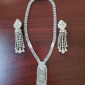 NECKLACE, EARRINGS Clip On and Bracelet Rhinestone Set